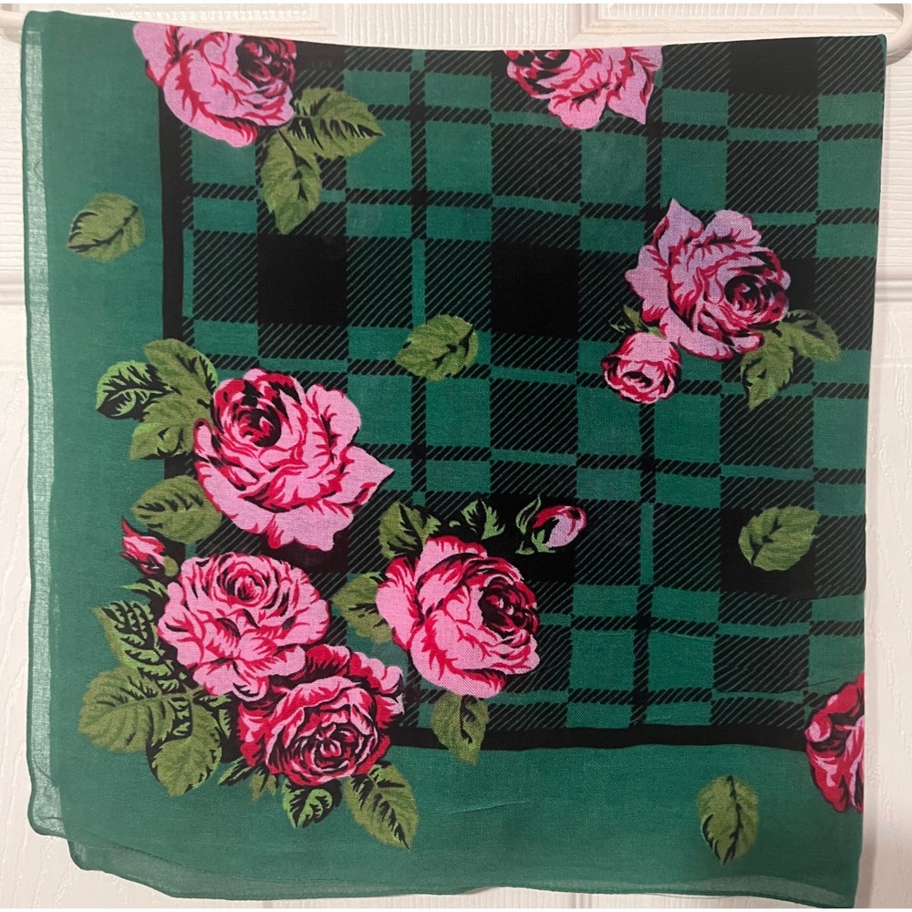 Jacqueline Ferrar Green Plaid Pink Rose Floral Square Scarf Made in Italy 30x30